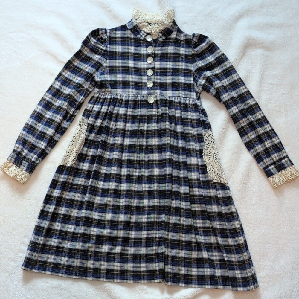 Cynthia Finch Vintage Plaid Girl Dress 14 Lace Collar Coquette Whimsical Cottage